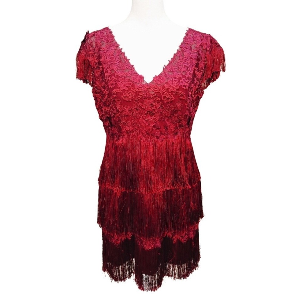 Marchesa Notte Red Lace Tiered Fringe Cocktail Dress V-Neck‎ Mini Size 8